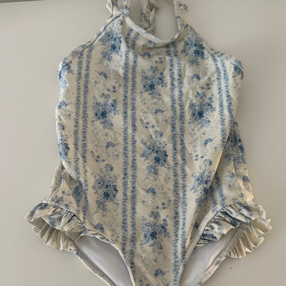 Polo by Ralph Lauren Cream and Blue Floral Halter One-Piece